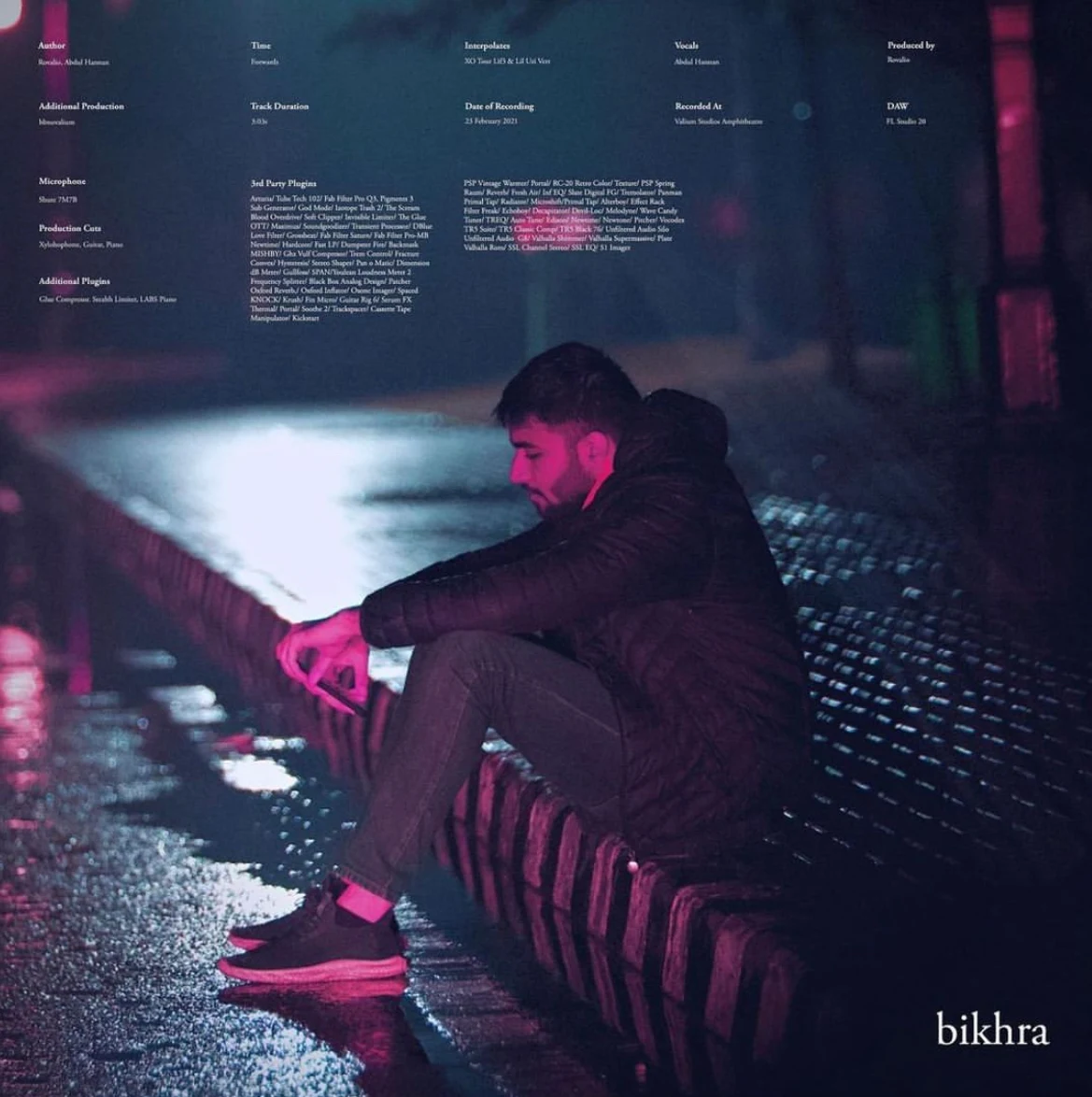 Bikhra album artwork with a seated musician under blue and magenta light