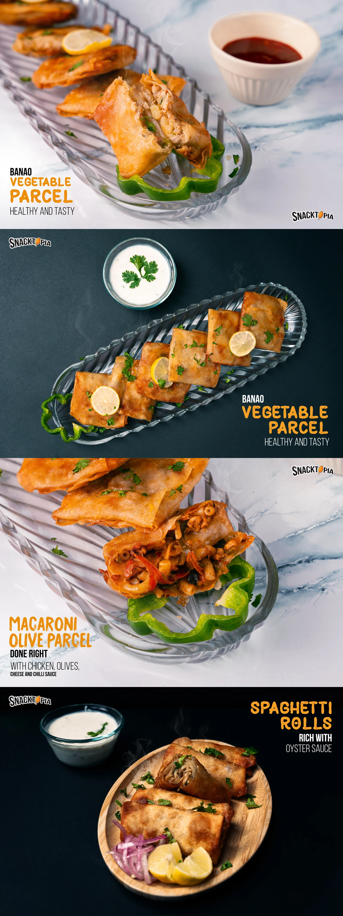 Four-panel Snacktopia food campaign featuring parcels and spaghetti rolls